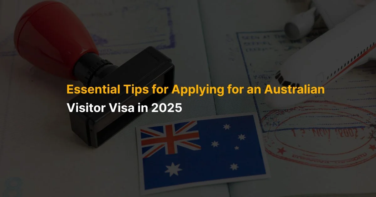 Australian Visitor Visa application guide featuring passport, visa documents, travel essentials, and Australian landmarks, highlighting Tourist Visa, ETA, eVisitor, and Medical Treatment Visa requirements.